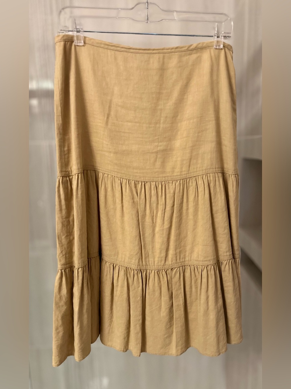 Theory Linen Blend Tiered Ruffle Midi Skirt Beige Tan Camel Size 4